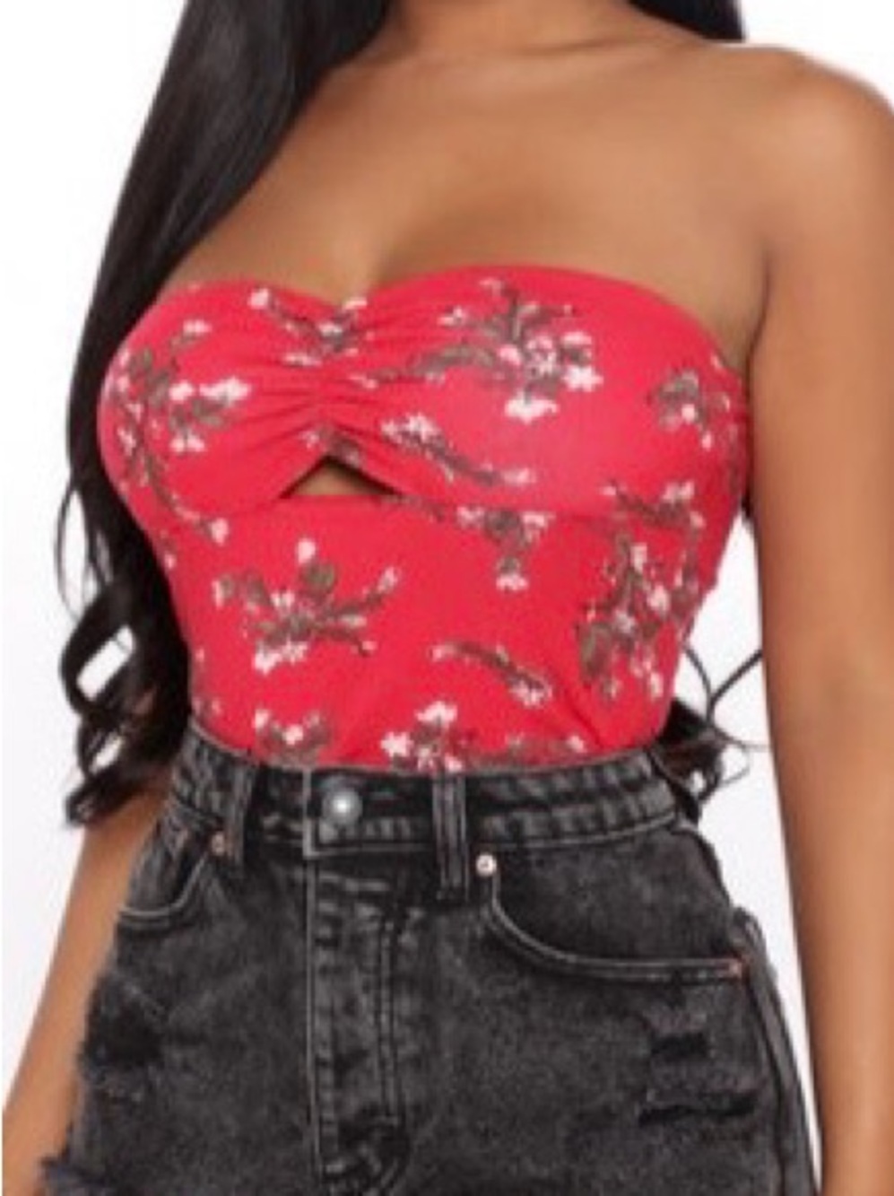 Fashion Nova Red Floral Strapless Sweetheart Tube Crop Top | Small - Picture 2 of 4